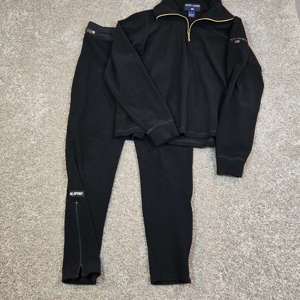 Vintage 90s  Polo Sport Ralph Lauren Black fleece Track Set womans Large outfit